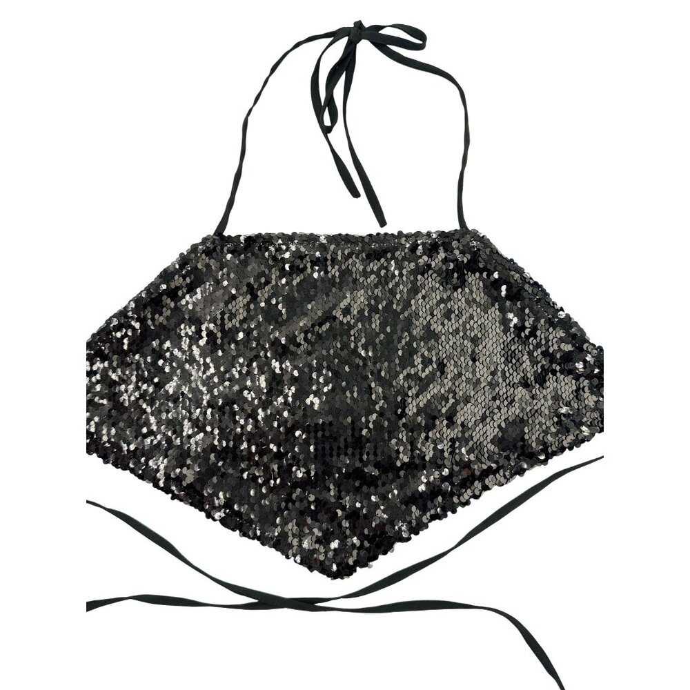 Black Sequin Halter Size M Top With Adjustable Ties By Forever 21